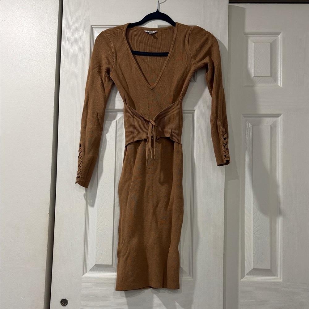 Guess Camel Brown Midi Knit Dress with Tie Waist